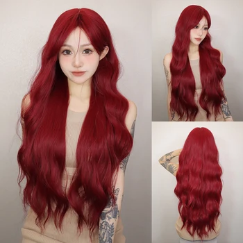 Тъмно-червен, вълнообразни дълга перука с бретон за cosplay, бордо коса, гъсти вълнообразни къдрици за естествен кожен перука от синтетични влакна, за жени, афро Парти