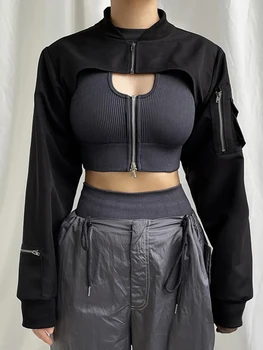 Дамски модни съкратен върховете 2023, монофонични яка стойка, дълъг ръкав, с цип, Къса яке, джобове, блузи-карго, градинска облекло