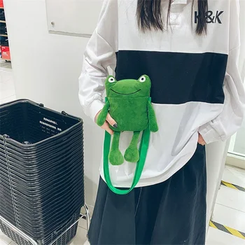 Дамски плюшен чанта-месинджър със сладък жаба на рамото си за възрастни и тийнейджъри, мультяшная жаба, регулируема презрамка, чанта-месинджър с цип